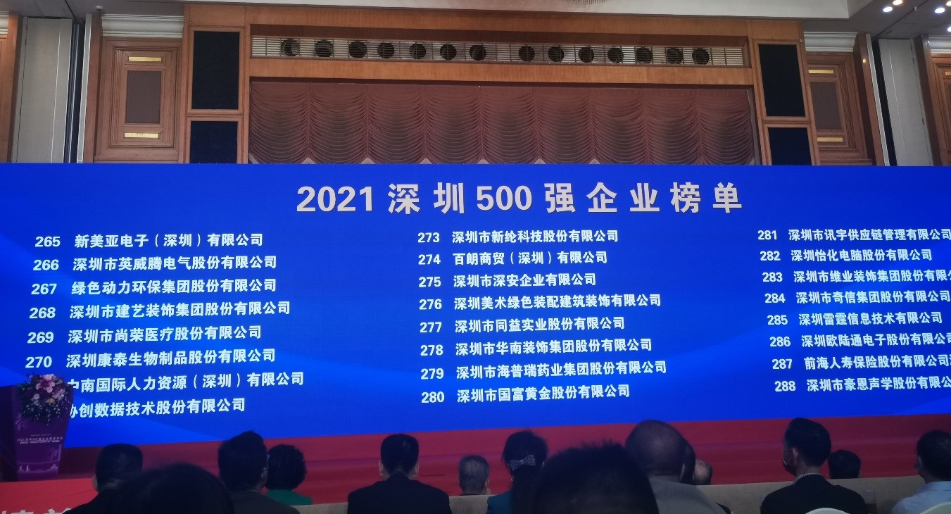 綠色動(dòng)力上榜2021深圳企業(yè)500強(qiáng)