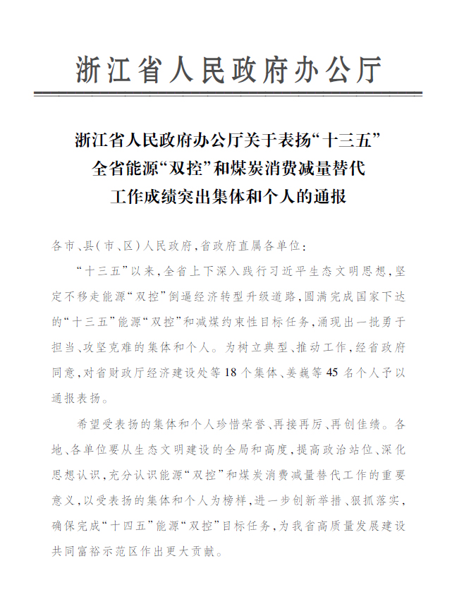 綠色動力永嘉公司付金軒獲“浙江省能源‘雙控’工作成績突出個人”表彰